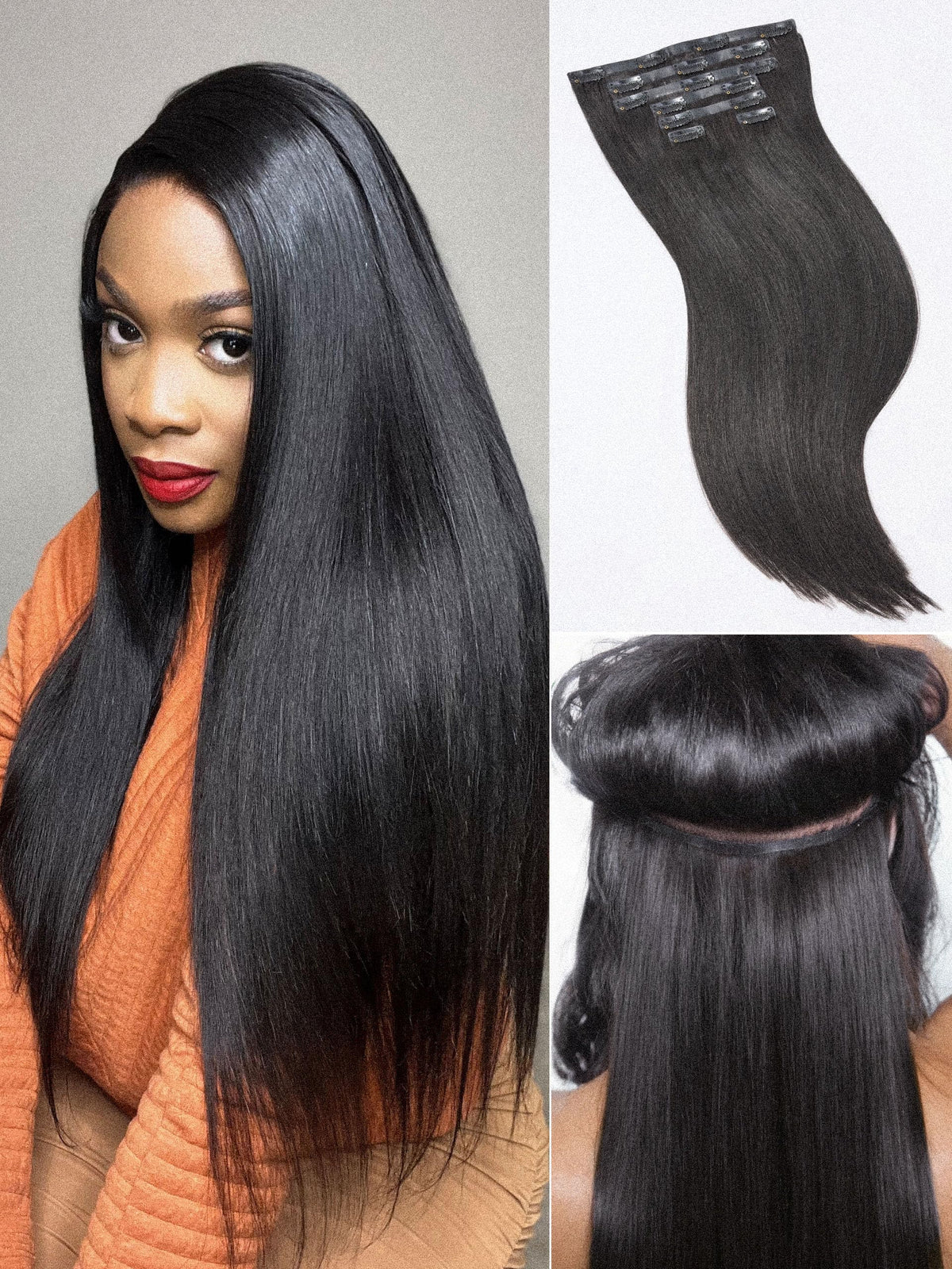 LUVME Yaki Straight seamless clip-in extensions with PU weft for invisible, comfortable wear.