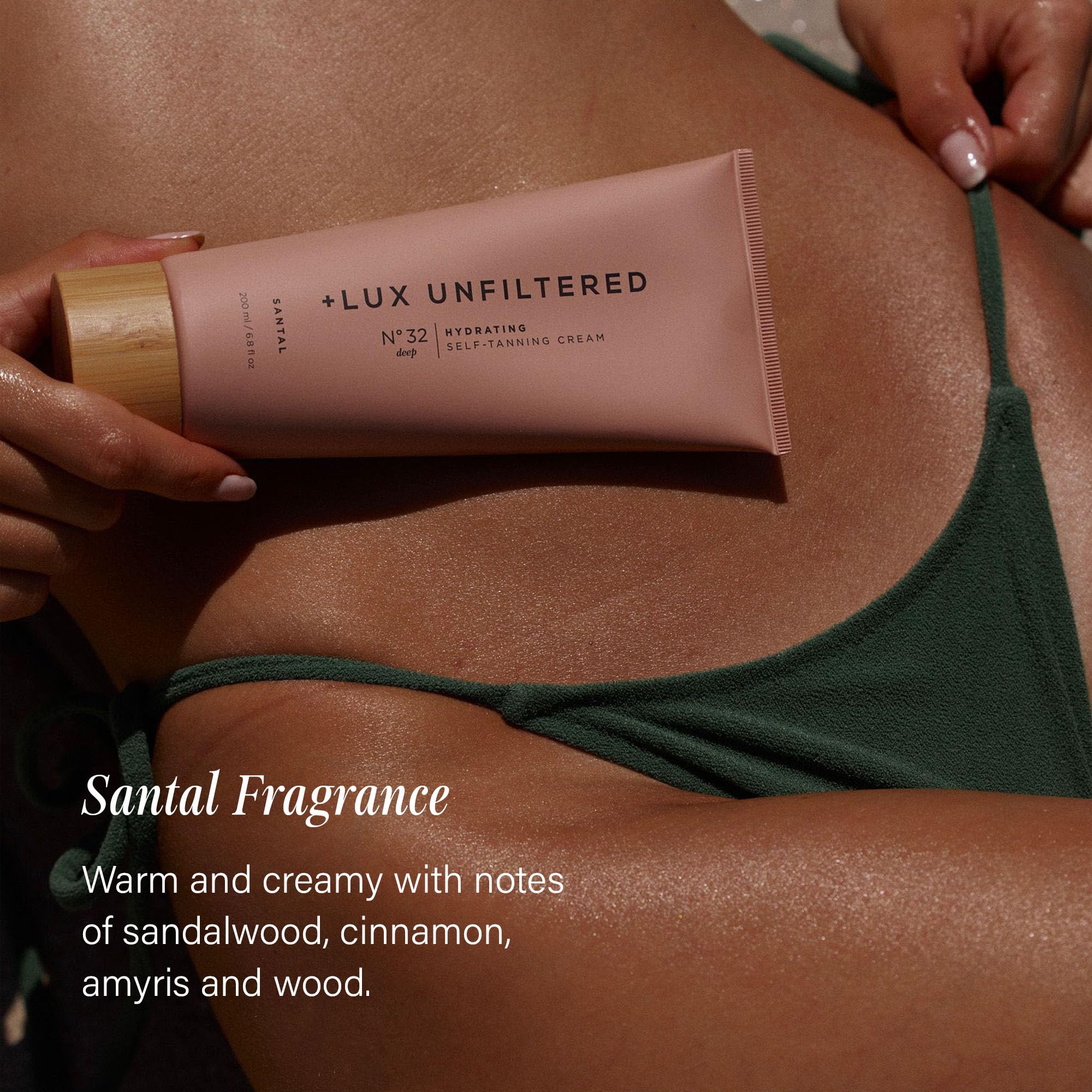 Lux Unfiltered N°32 bottle featuring shea butter focus for deep hydration and nourishing tan