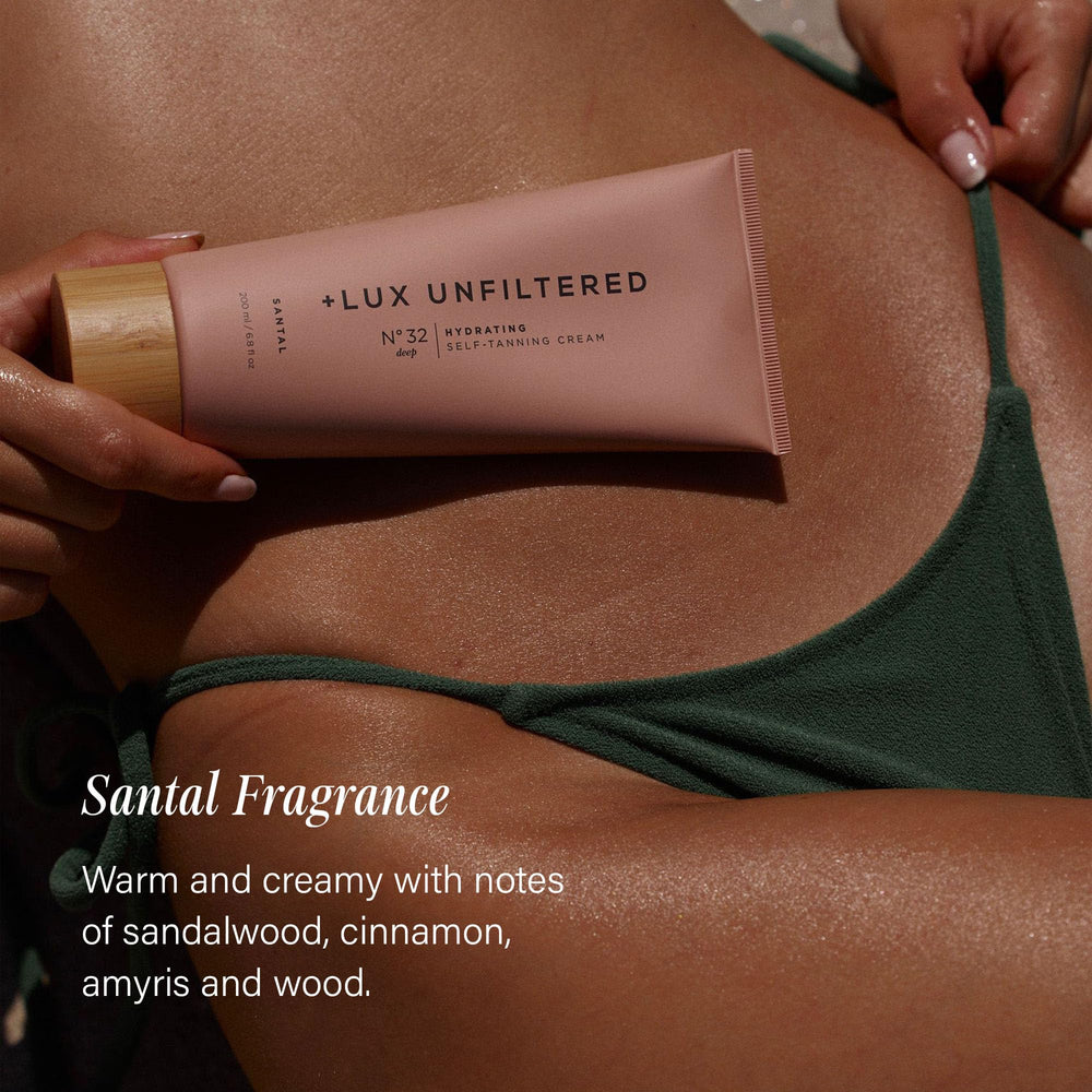 Lux Unfiltered N°32 bottle featuring shea butter focus for deep hydration and nourishing tan