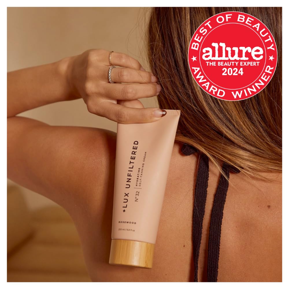 Lux Unfiltered N°32 gradual self tanner swatches display even tone for sunless glow.