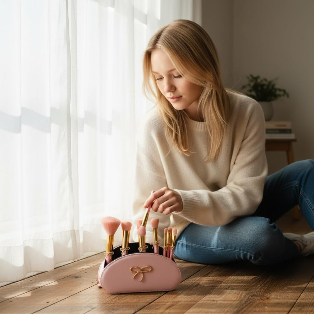 Luxape Bow pink storage bag with gold bow for travel
