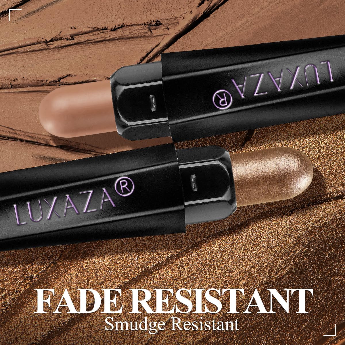 LUXAZA PRO neutral brown eyeshadow stick detail emphasizes built-in blending brush for smudge-proof finish.