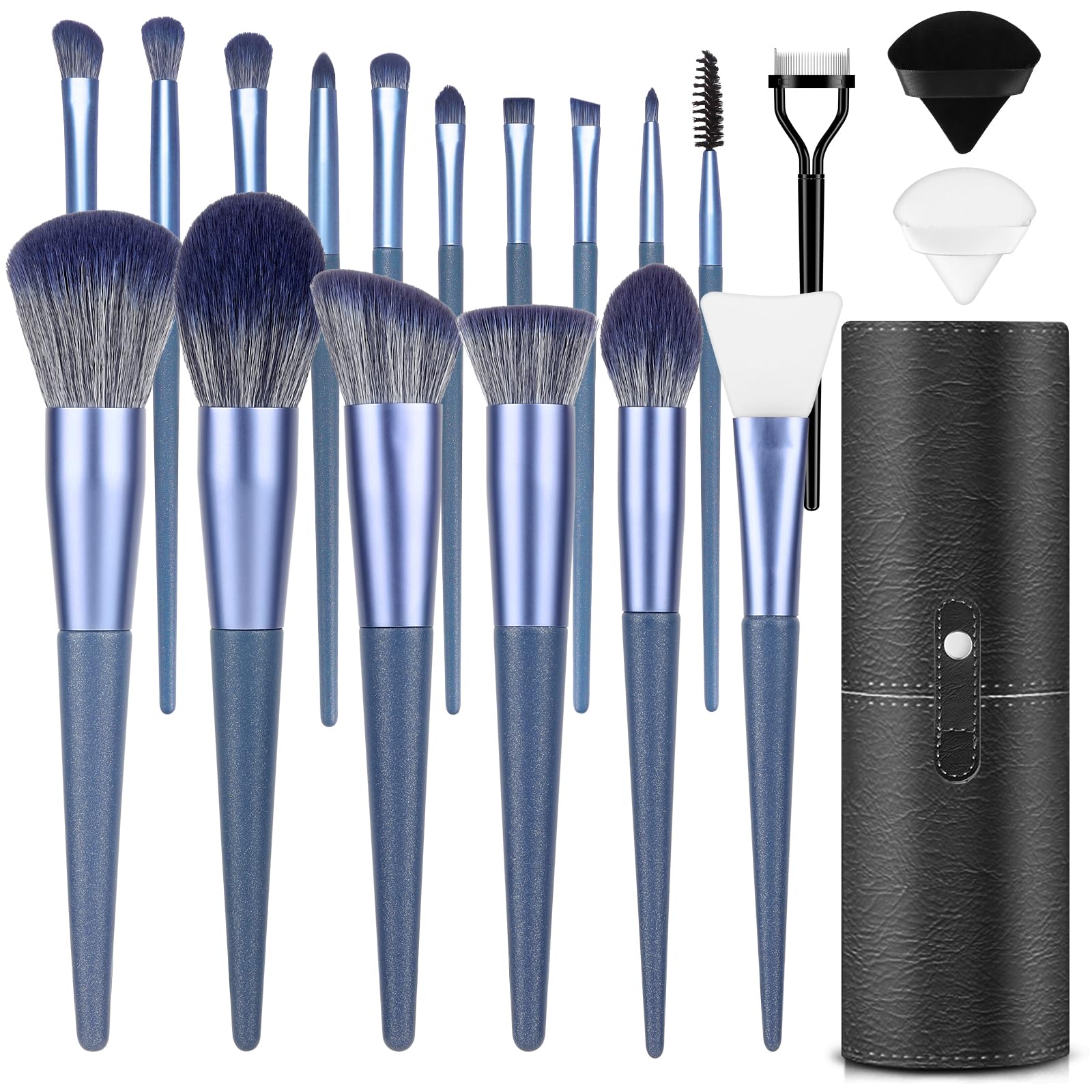 LUXBRU 17-piece makeup brush set in blue, travel-ready for quick makeup routines.