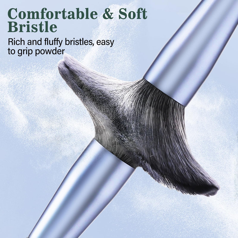 LUXBRU soft-bristle makeup brush close-up showing gentle blend and even coverage.