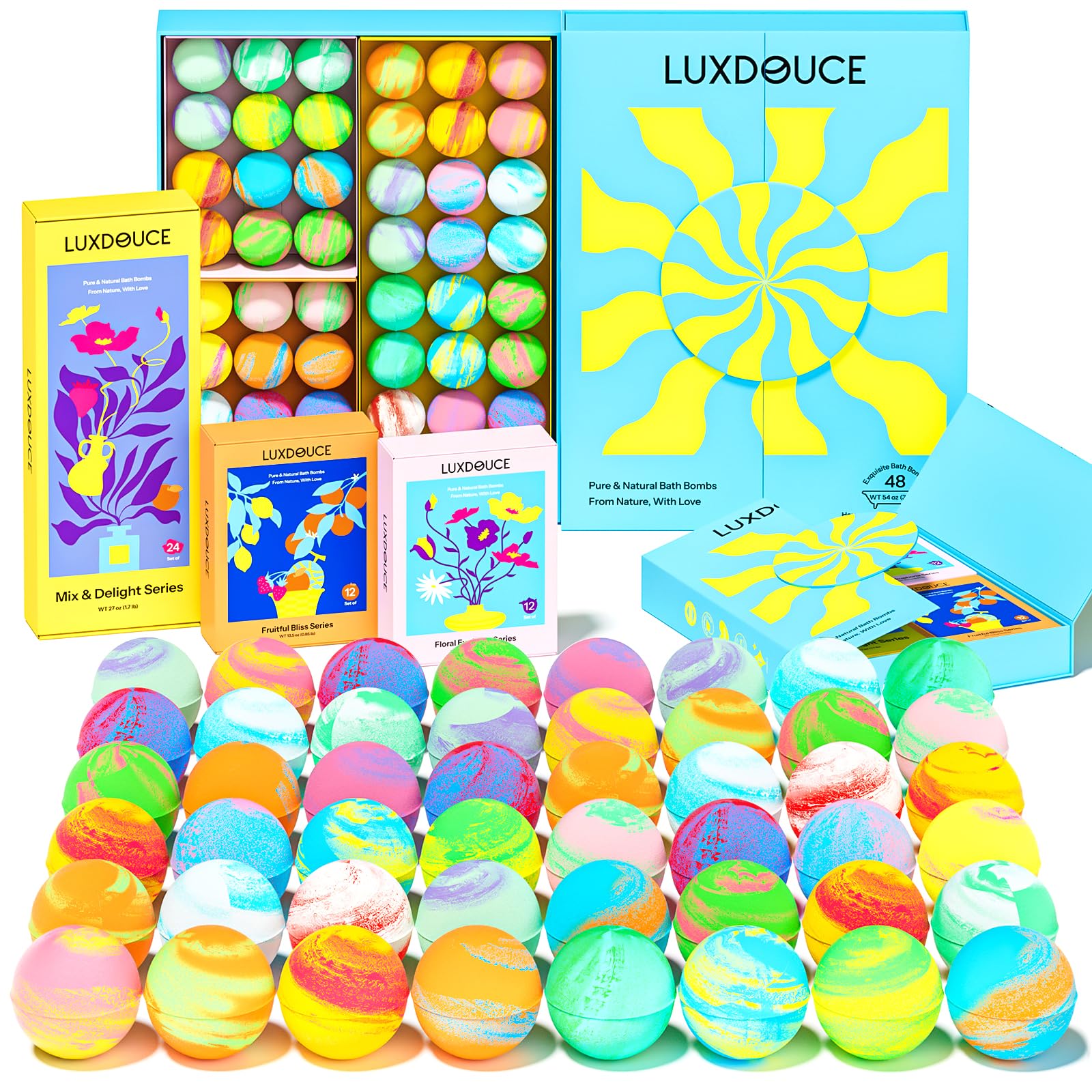 LUXDOUCE 48-pack bath bombs in a gift box offer colorful tub display for spa-like evenings.