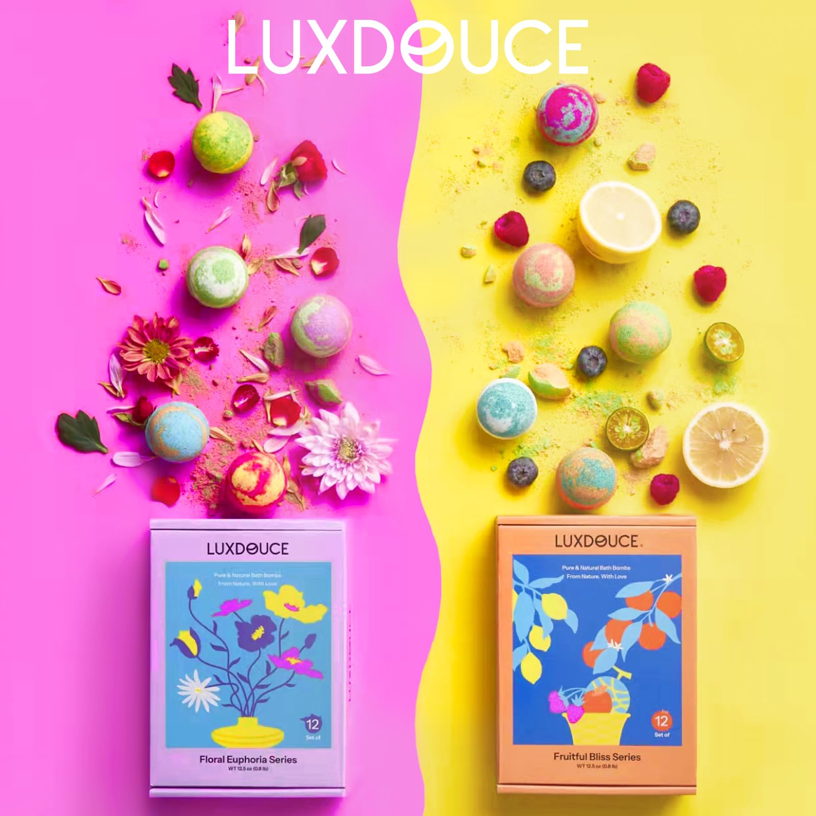 LUXDOUCE fruitful-bliss-series bombs showcase citrus and sweet notes for mood refresh.