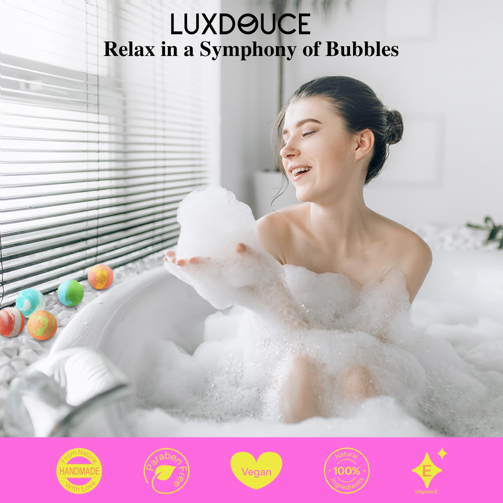 LUXDOUCE zero-tub-stains formula prevents residue after your soak.