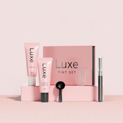 Luxe Cosmetics black color set lashes application showing even, long-lasting tint effect