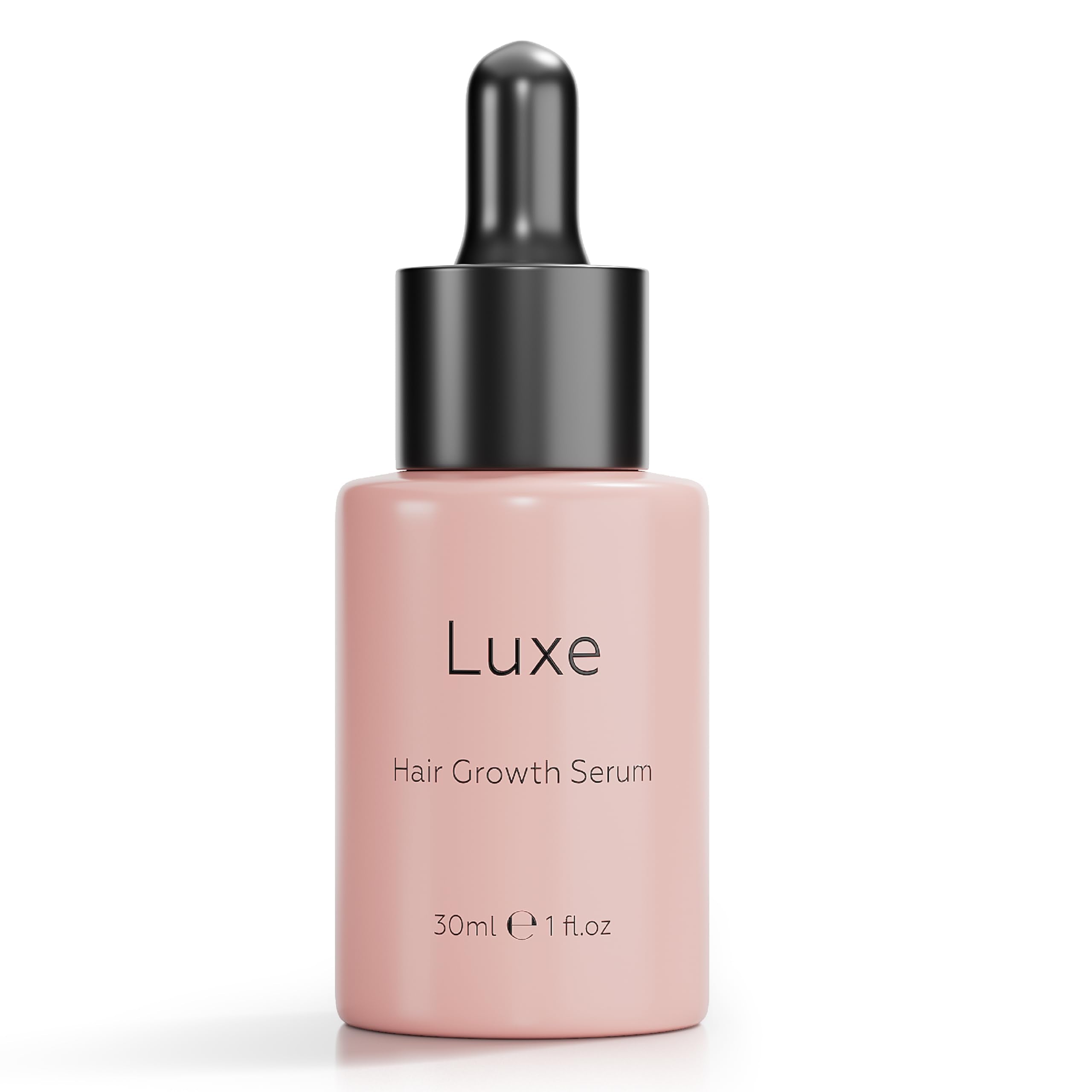 Luxe Cosmetics Hair Growth Serum bottle and pour demonstrates easy, shine-boosting scalp care.