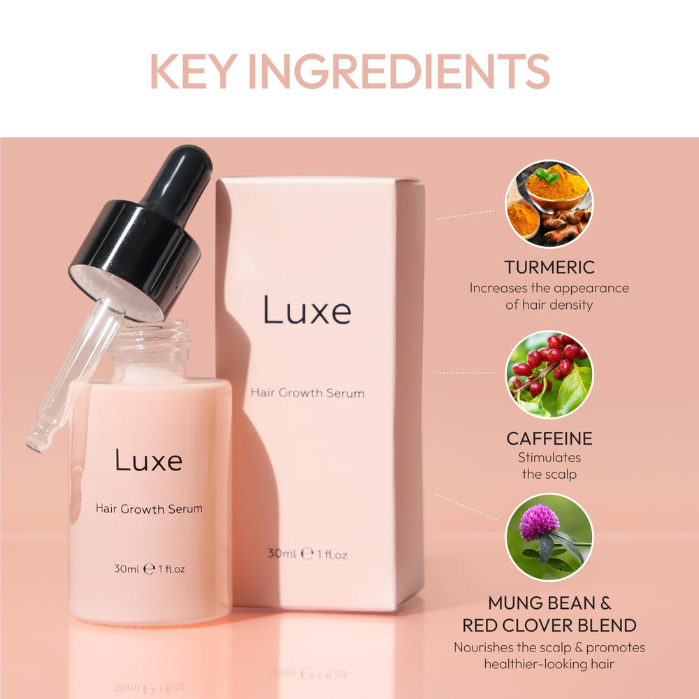 Luxe Cosmetics Hair Growth Serum ingredient-panel emphasizes Panax Ginseng and Rosemary for scalp nourishment.