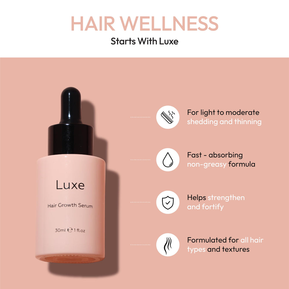 Luxe Cosmetics Hair Growth Serum on scalp demonstrates deep hydration and frizz reduction.