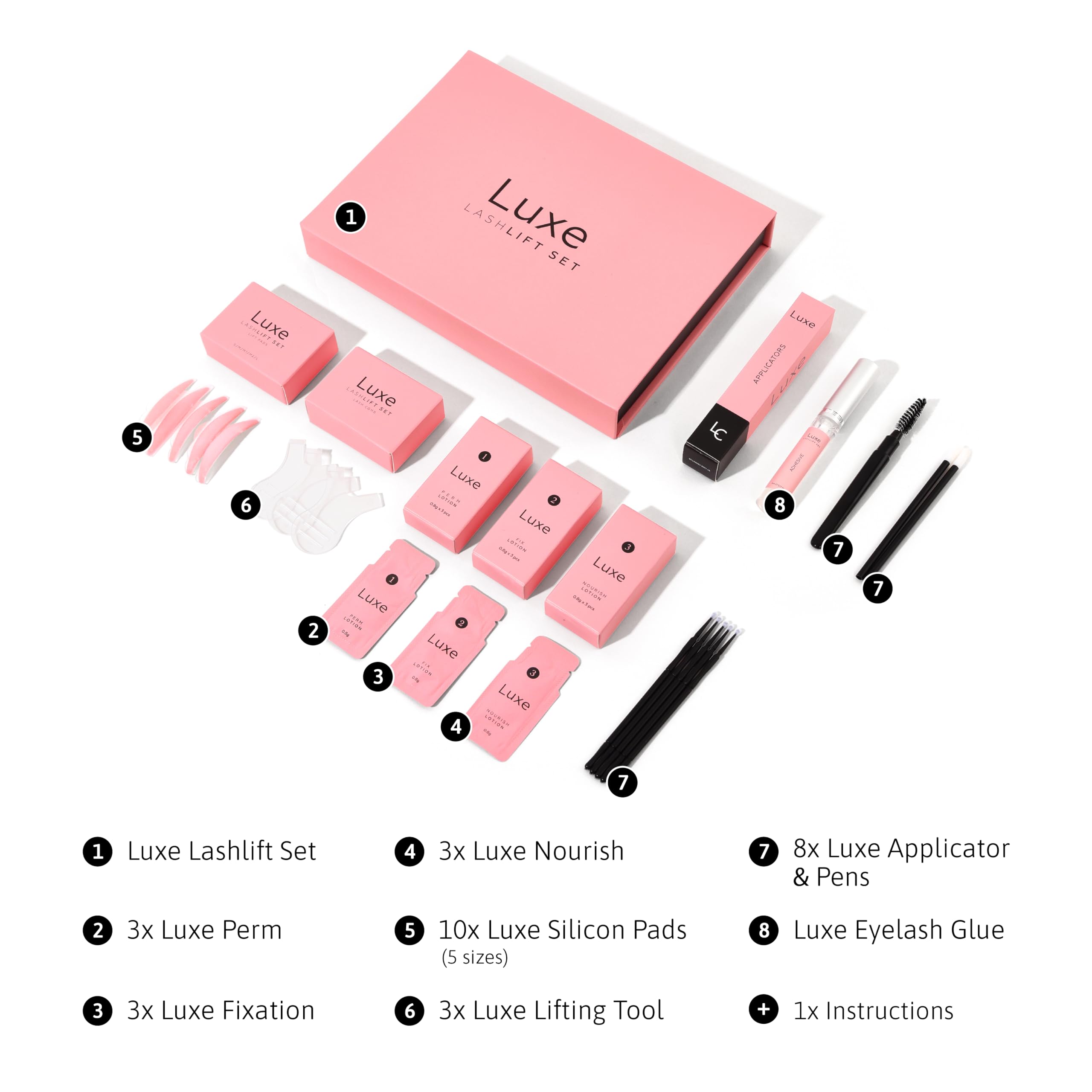 Luxe Cosmetics Lash Lift Kit step by step process demonstrates easy at home application