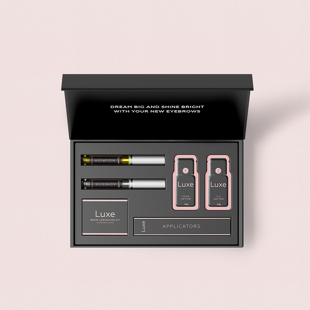 Luxe Cosmetics Pro Eyebrow Lamination Kit contents laid out for thorough brow lift setup