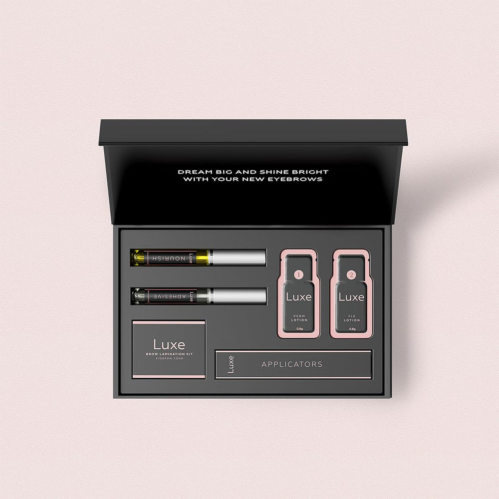Luxe Cosmetics Pro Eyebrow Lamination Kit contents laid out for thorough brow lift setup