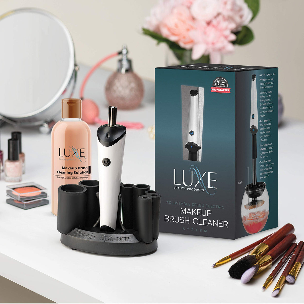 Luxe electric makeup brush cleaner machine spins brushes quickly for fast cleaning