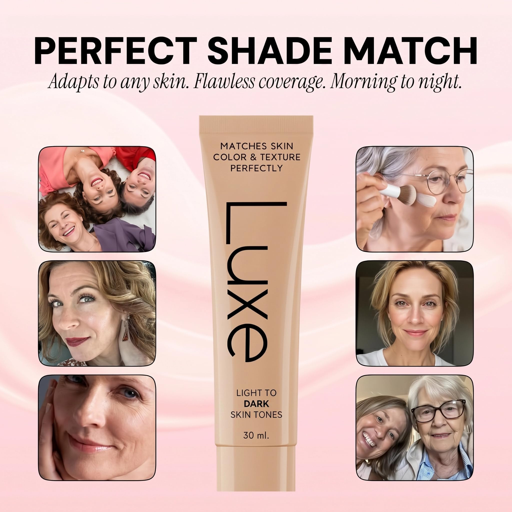 Luxe half-face before and after showing matching result and natural coverage