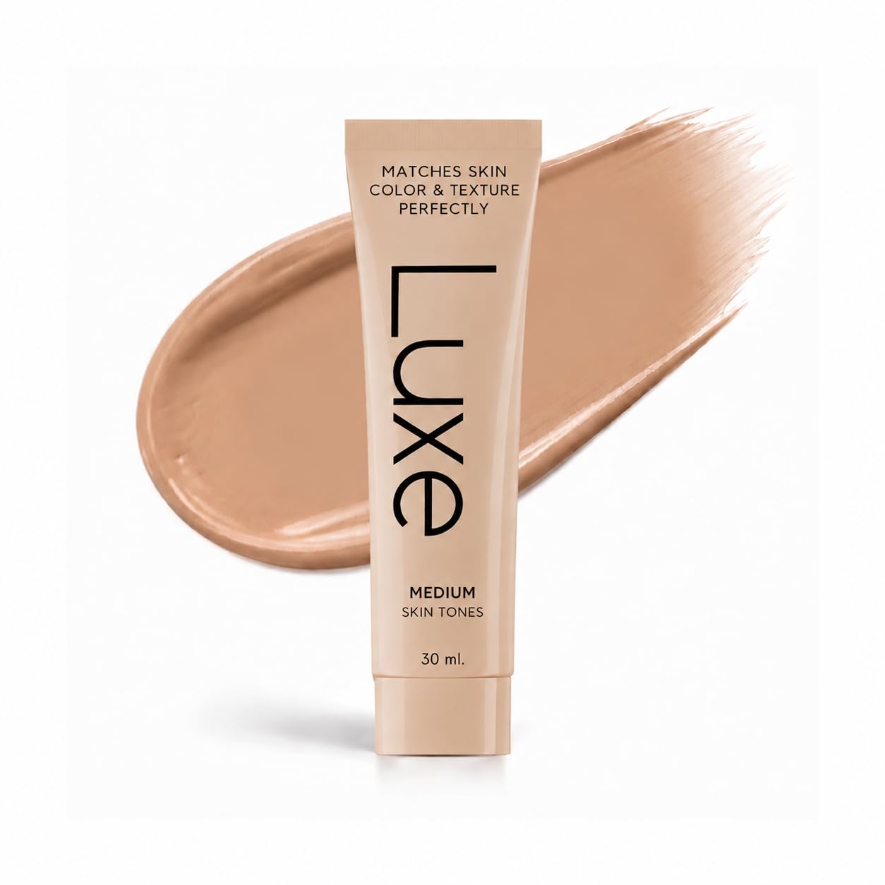 Luxe foundation front packaging showing bottle and label, clear color match benefit
