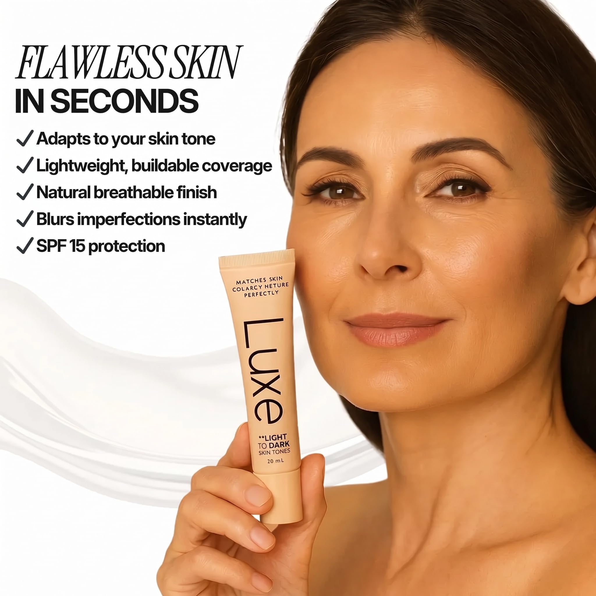 Luxe product on a makeup counter styled lifestyle shot emphasizing effortless routine