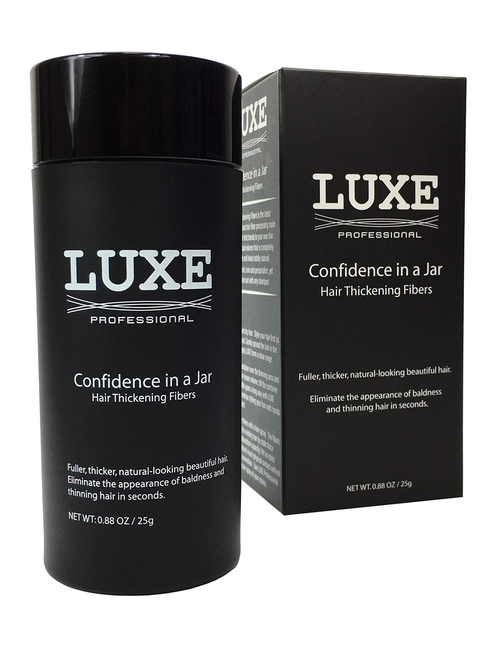 LUXE Hair Building Fibers apply for natural coverage on thinning areas, instantly blending with hair.