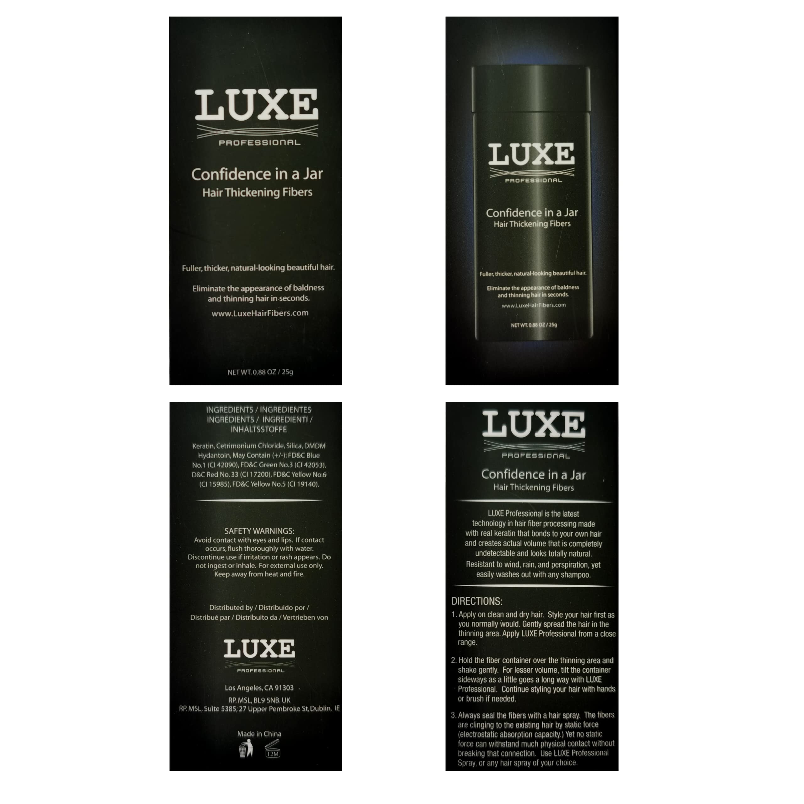 LUXE Hair Building Fibers large jar visible in collection shot.