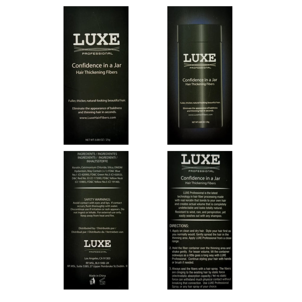 LUXE Hair Building Fibers large jar visible in collection shot.