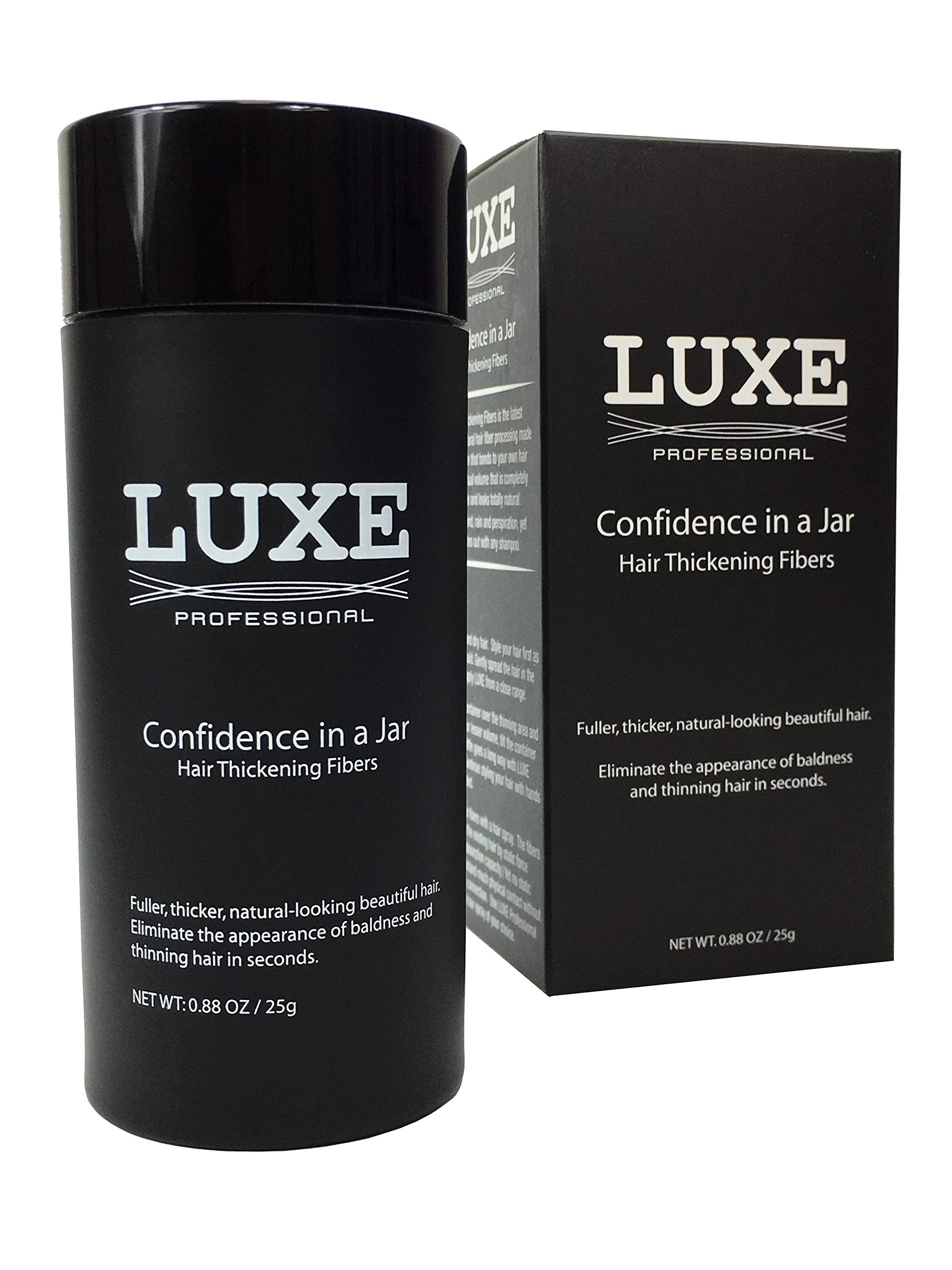 LUXE Hair Building Fibers jar closeup showing natural coverage for thinning areas.