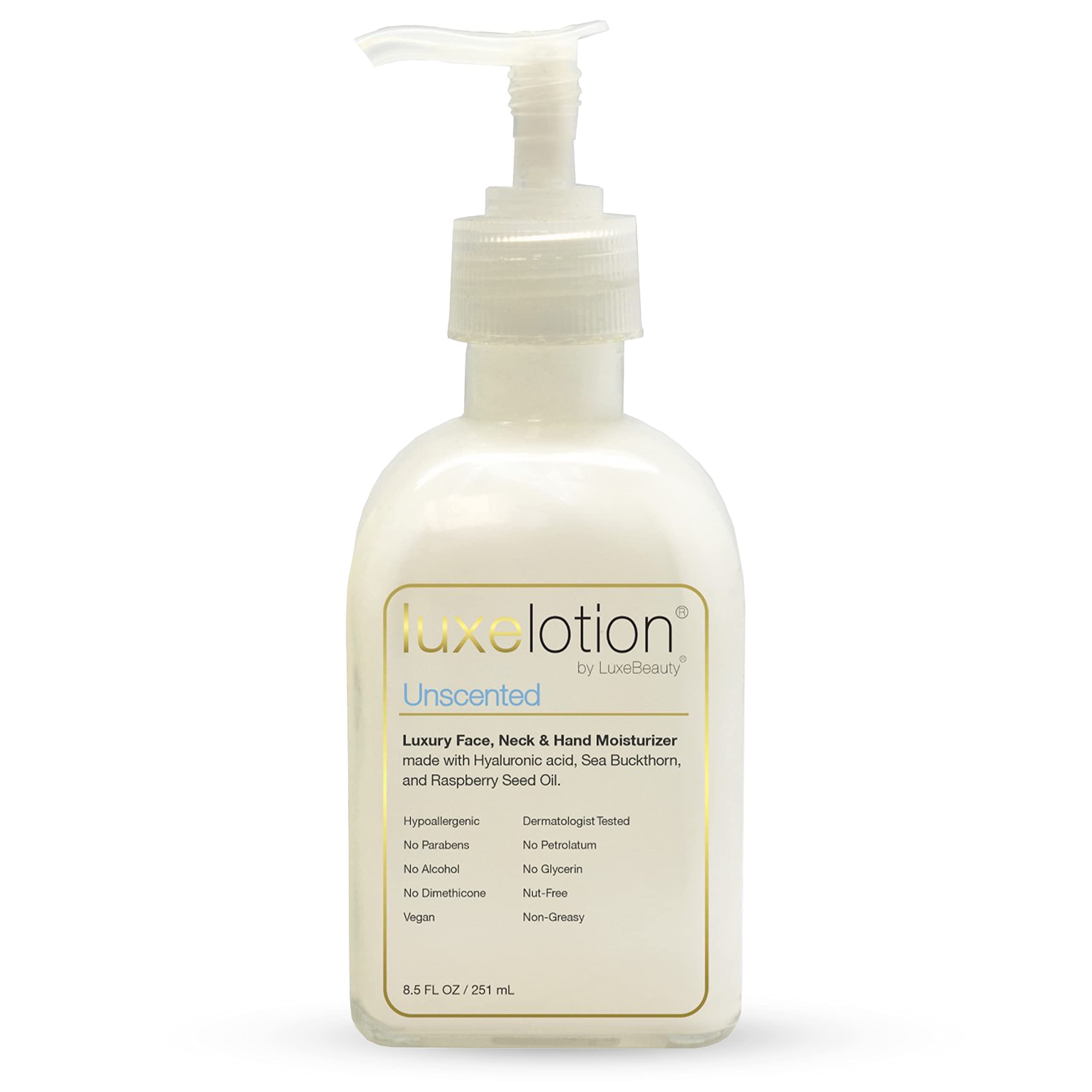 LUXELOTION bottle by LUXEBEAUTY shows lightweight, non-greasy hydration for face, hands, and body