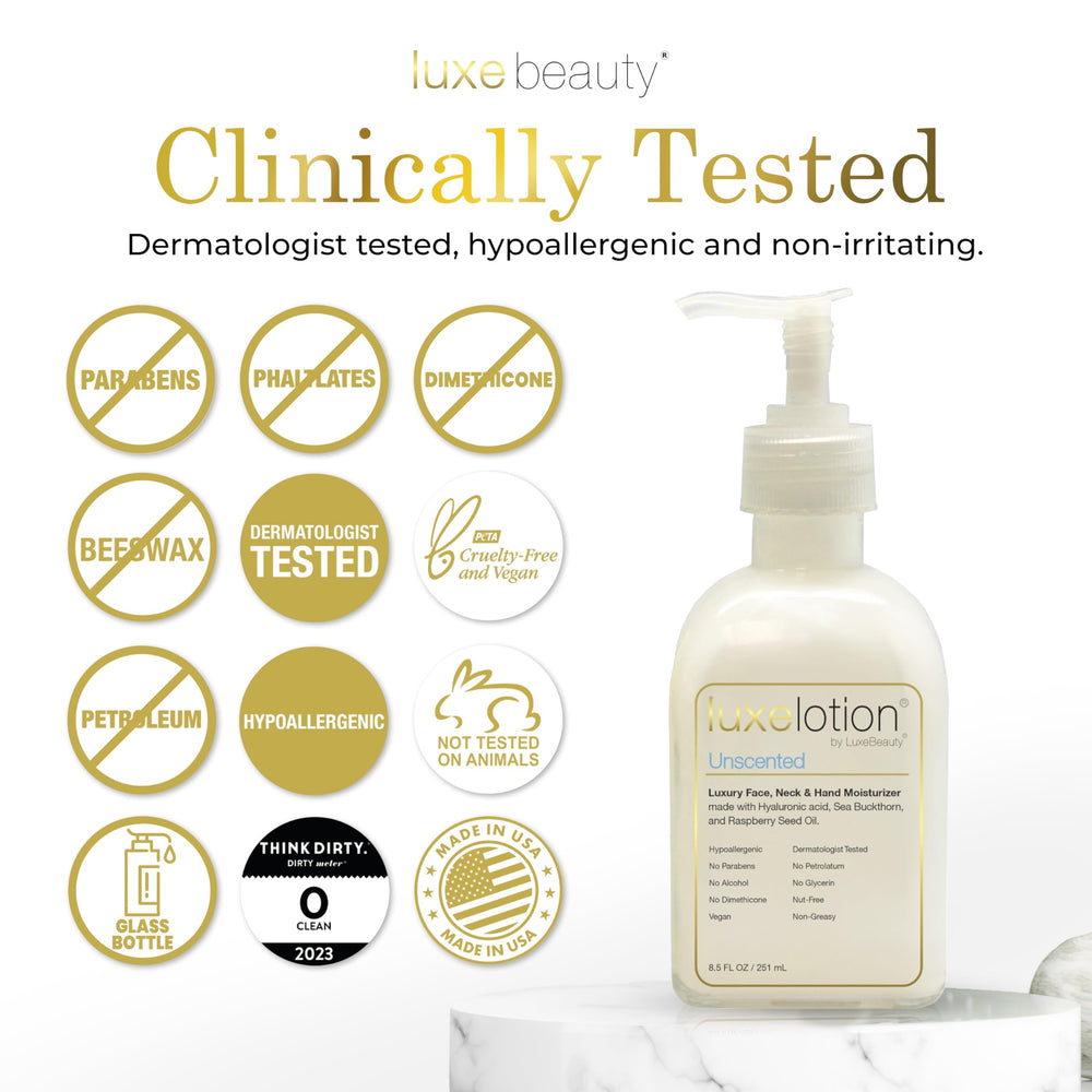 LUXELOTION-unboxed-packaging highlights premium, unscented moisturizer from LUXEBEAUTY