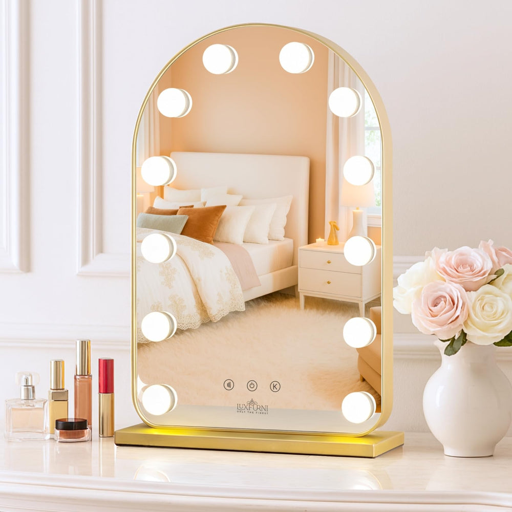LUXFURNI vanity mirror with arched gold frame provides accurate color lighting for flawless makeup.