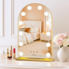 LUXFURNI vanity mirror with arched gold frame provides accurate color lighting for flawless makeup.