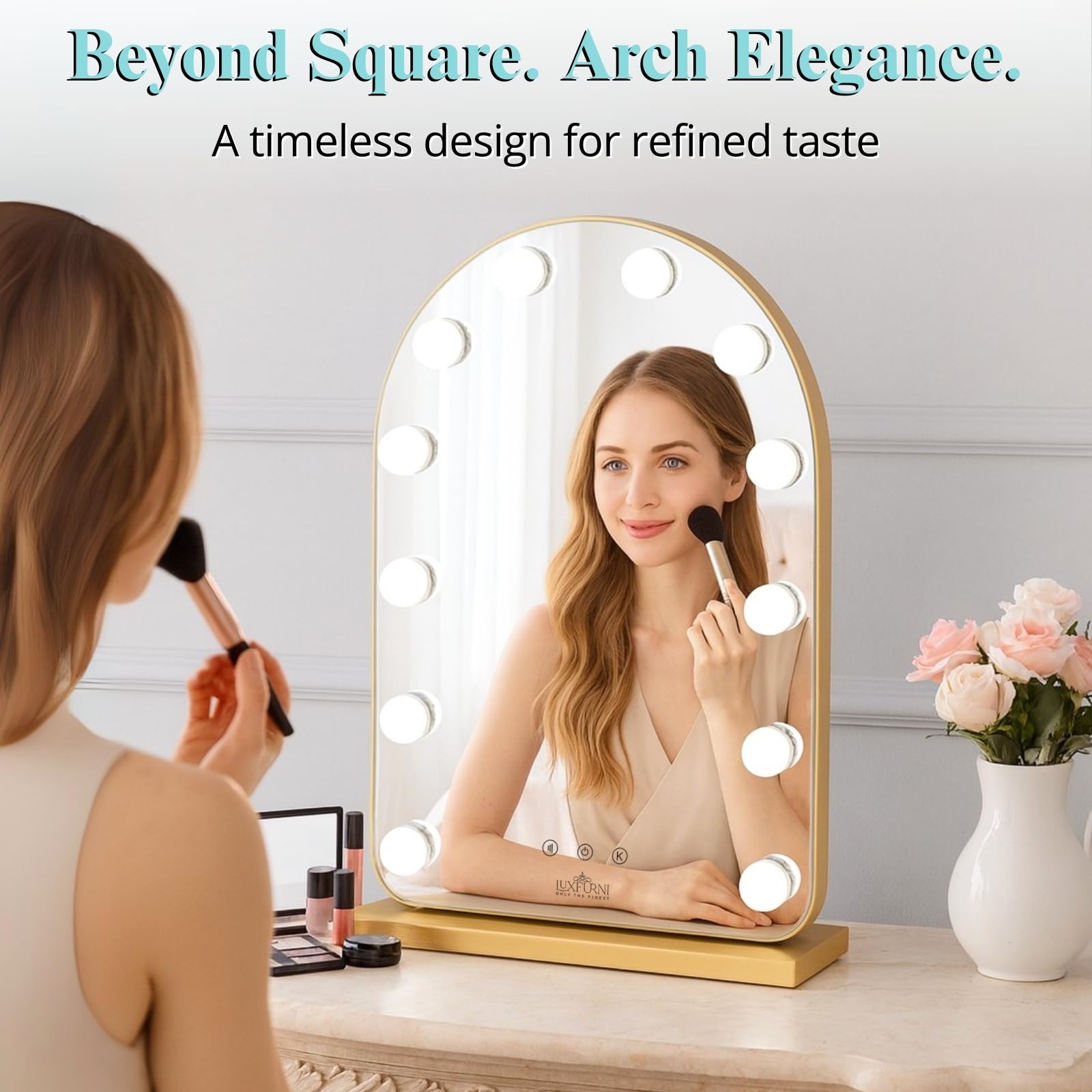 LUXFURNI vanity mirror curved frame design fits any dresser or vanity.