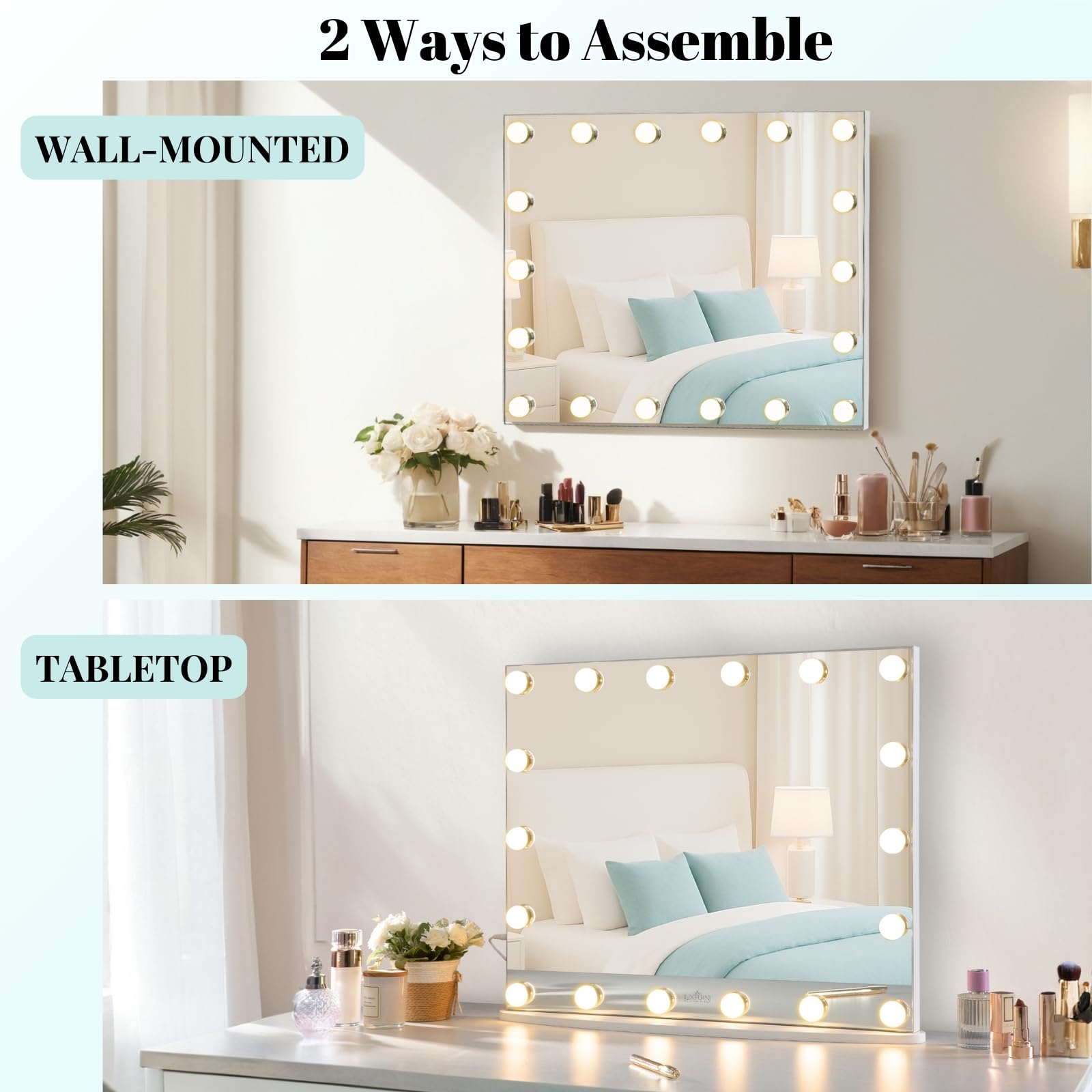 LUXFURNI vanity mirror tabletop setup with detachable base