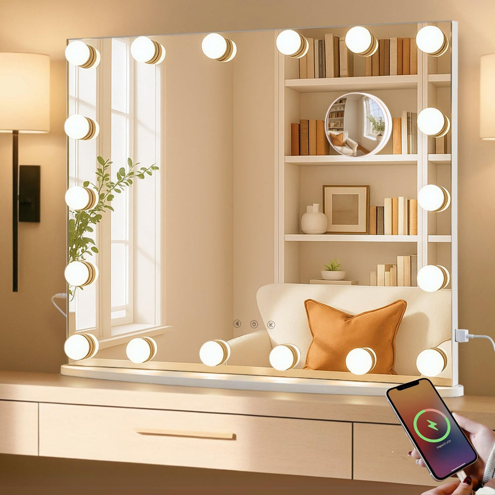 LUXFURNI vanity mirror wide shot showing large surface for makeup prep