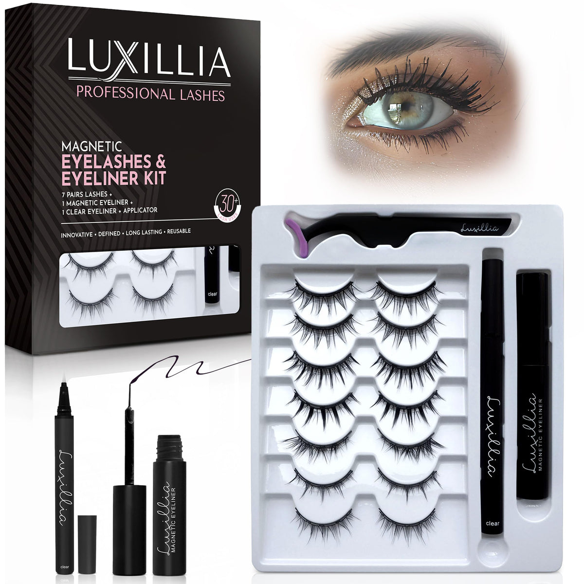 Luxillia magnetic eyelashes kit close-up shows easy glue-free application.