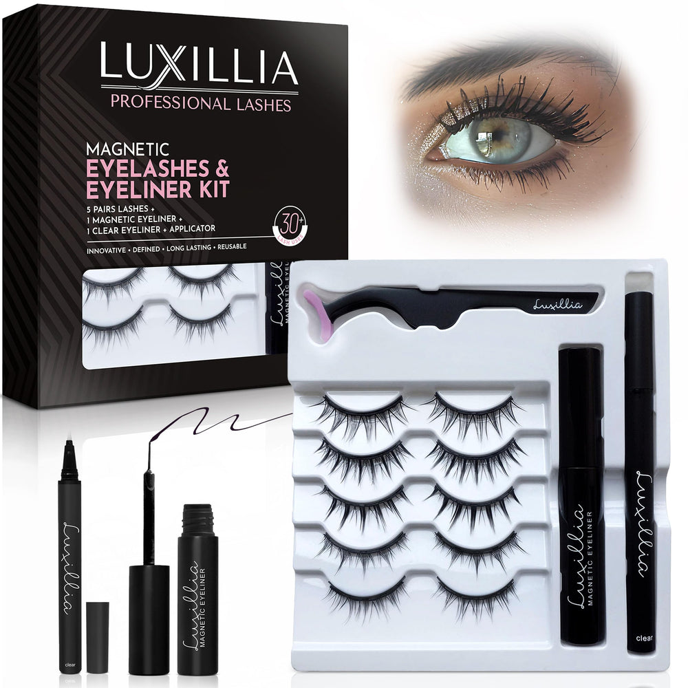 Luxillia Magnetic Eyelashes Kit display shows effortless glue-free lash setup for everyday beauty.
