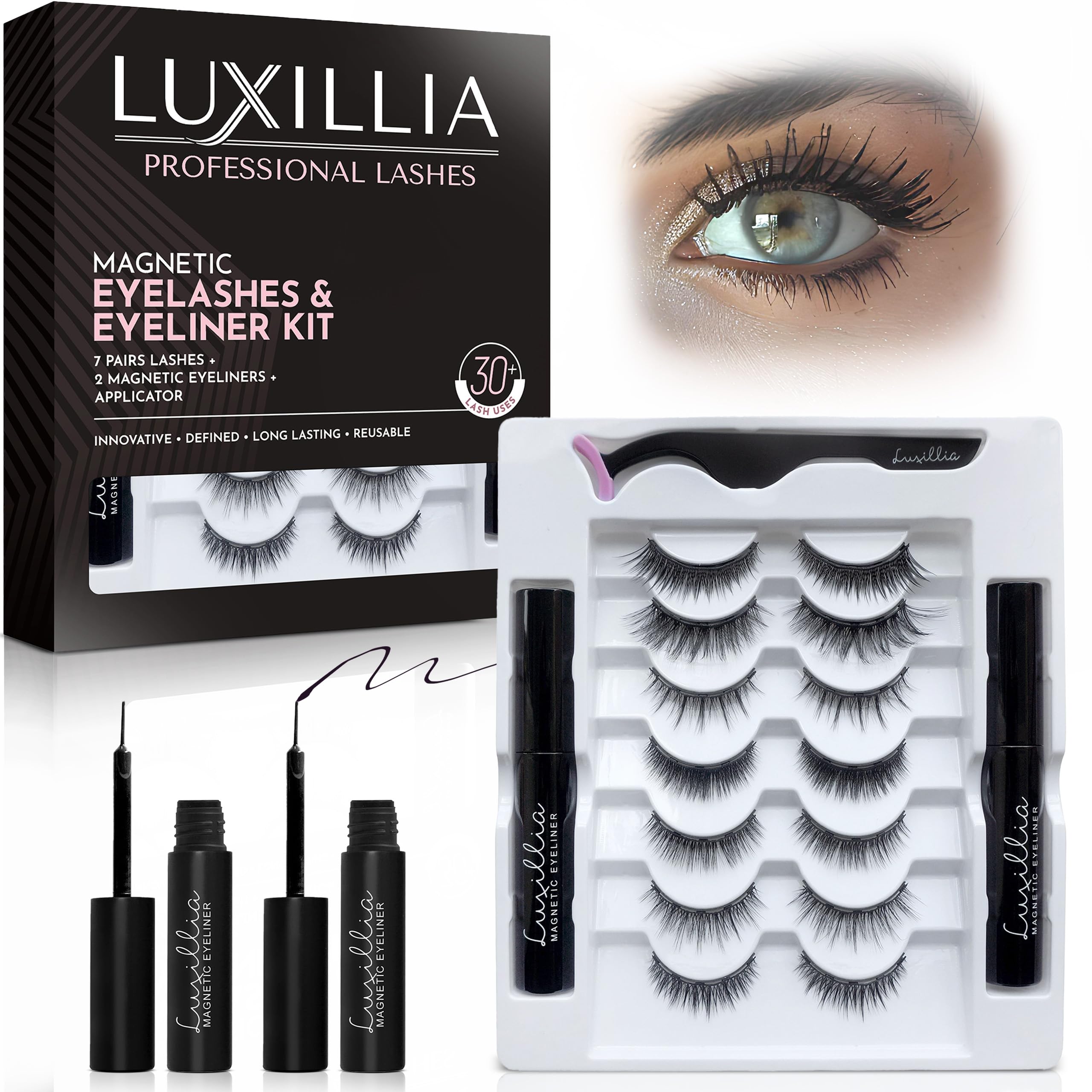 Luxillia magnetic eyelashes kit open box shows everything for easy application.