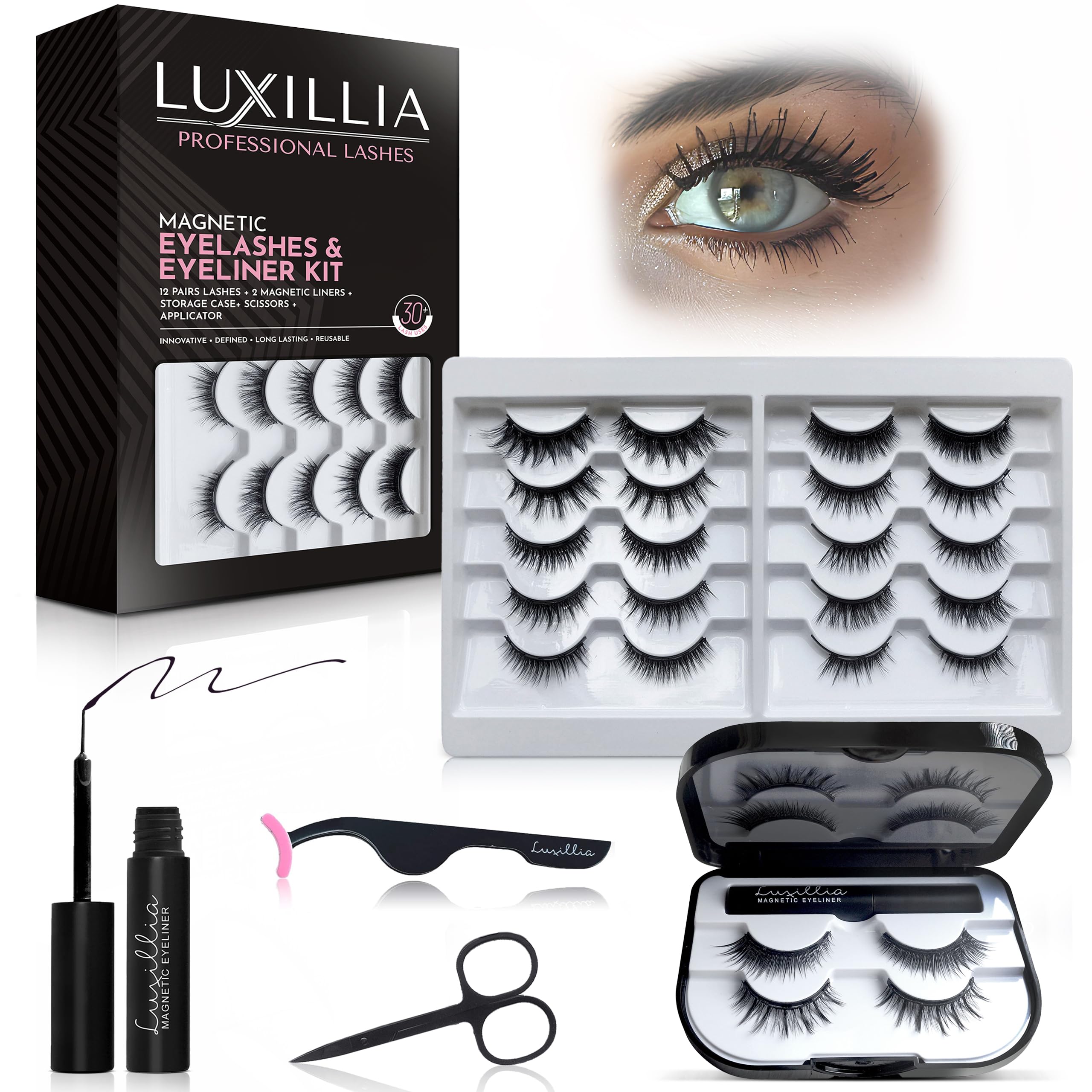 Luxillia magnetic eyelashes kit packaging shows premium design for easy at-home beauty.