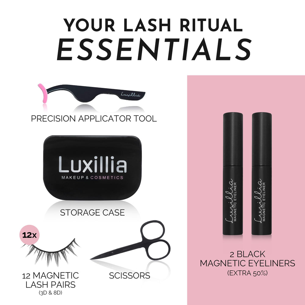 Luxillia magnetic eyeliner close-up shows waterproof formula for all-day hold.
