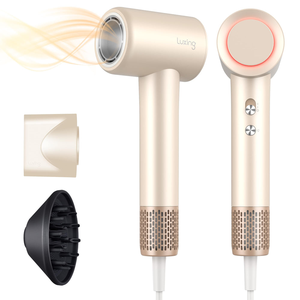 Luxing TurboLux hair dryer front view in cream highlights compact design for easy styling.