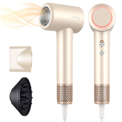 Luxing TurboLux hair dryer front view in cream highlights compact design for easy styling.