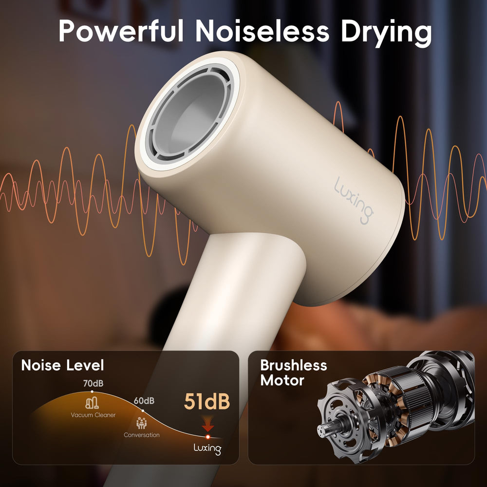 Luxing TurboLux low-noise design in cream supports quiet, relaxed styling sessions.