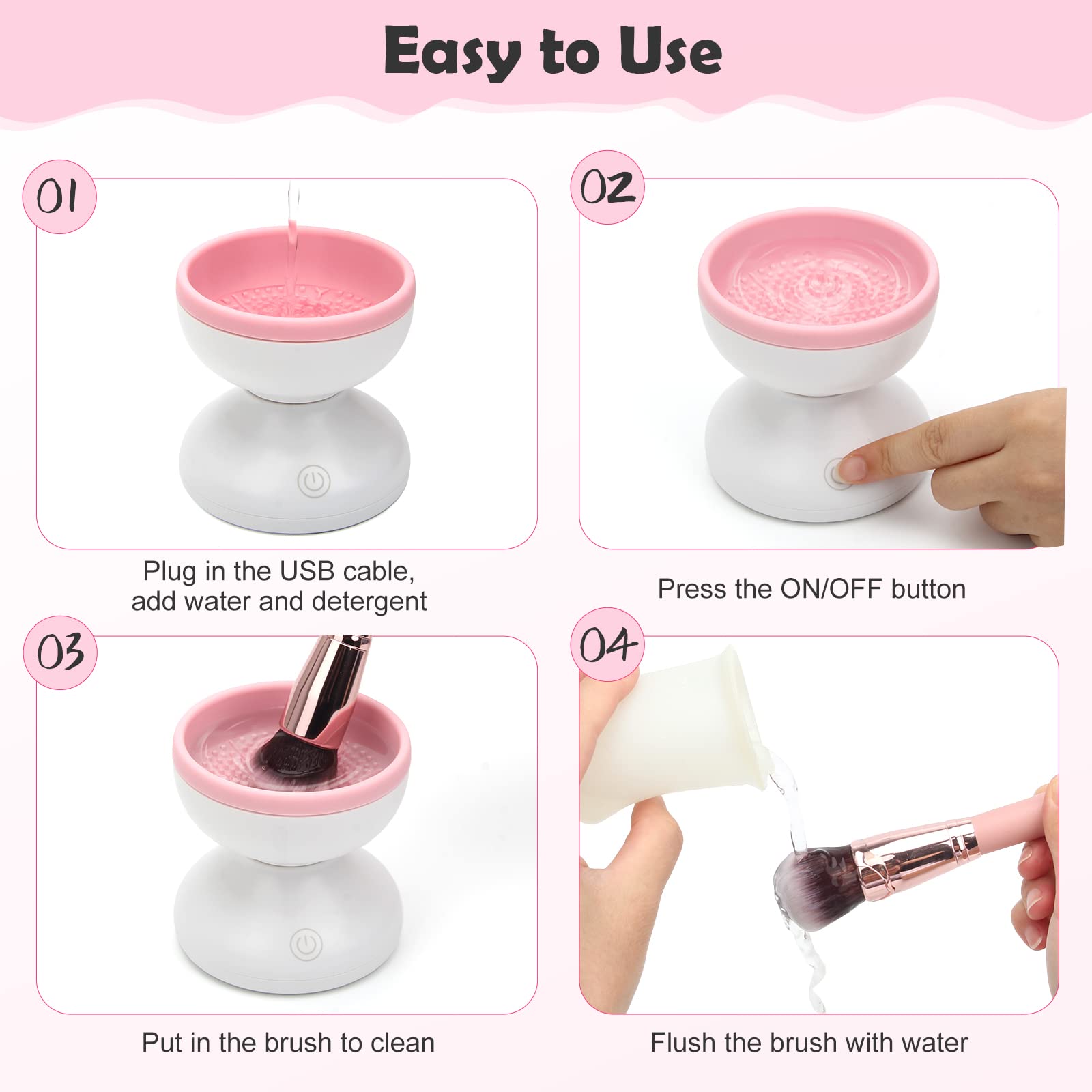 Luxiv electric makeup brush cleaner USB plug indicates easy plug-and-play operation.