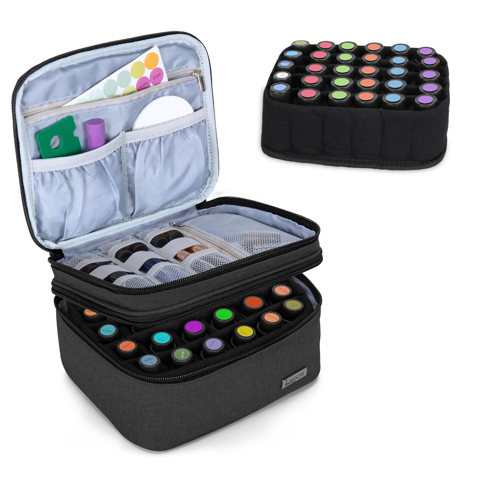 LUXJA essential oil carrier case outer view highlighting durable nylon construction for travel.
