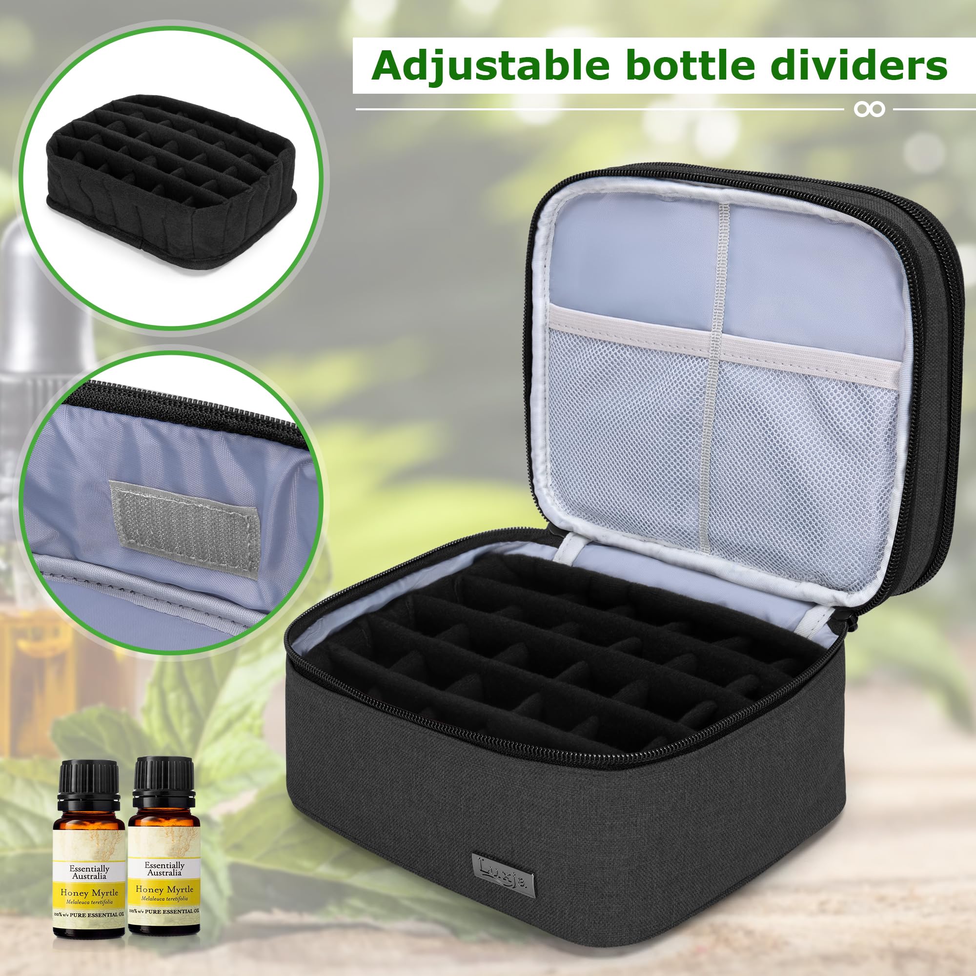 LUXJA essential oil case accommodates roller bottles up to 3.5 inches tall.