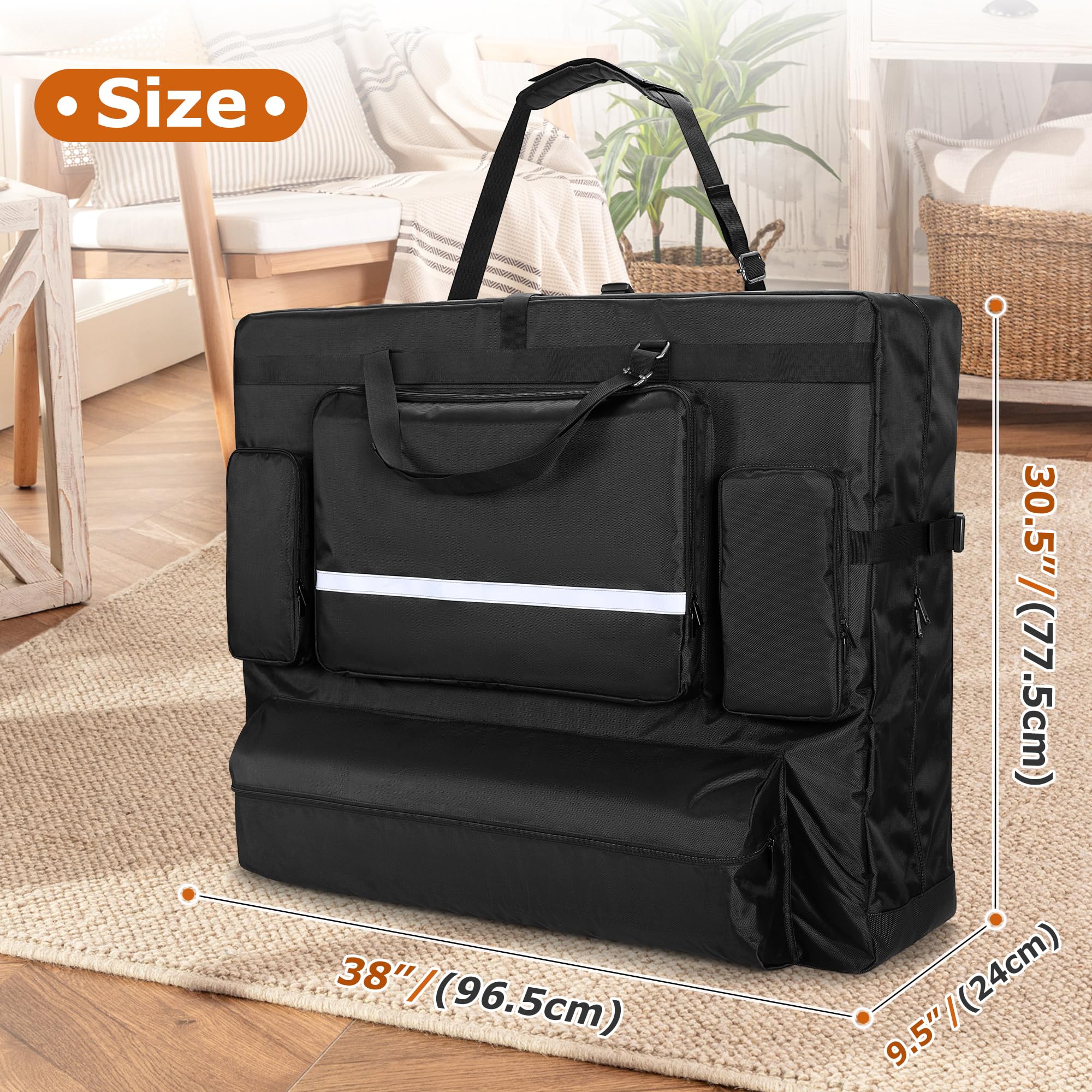 LUXJA massage table bag dimensions 38 by 9.5 by 30.5 inches.
