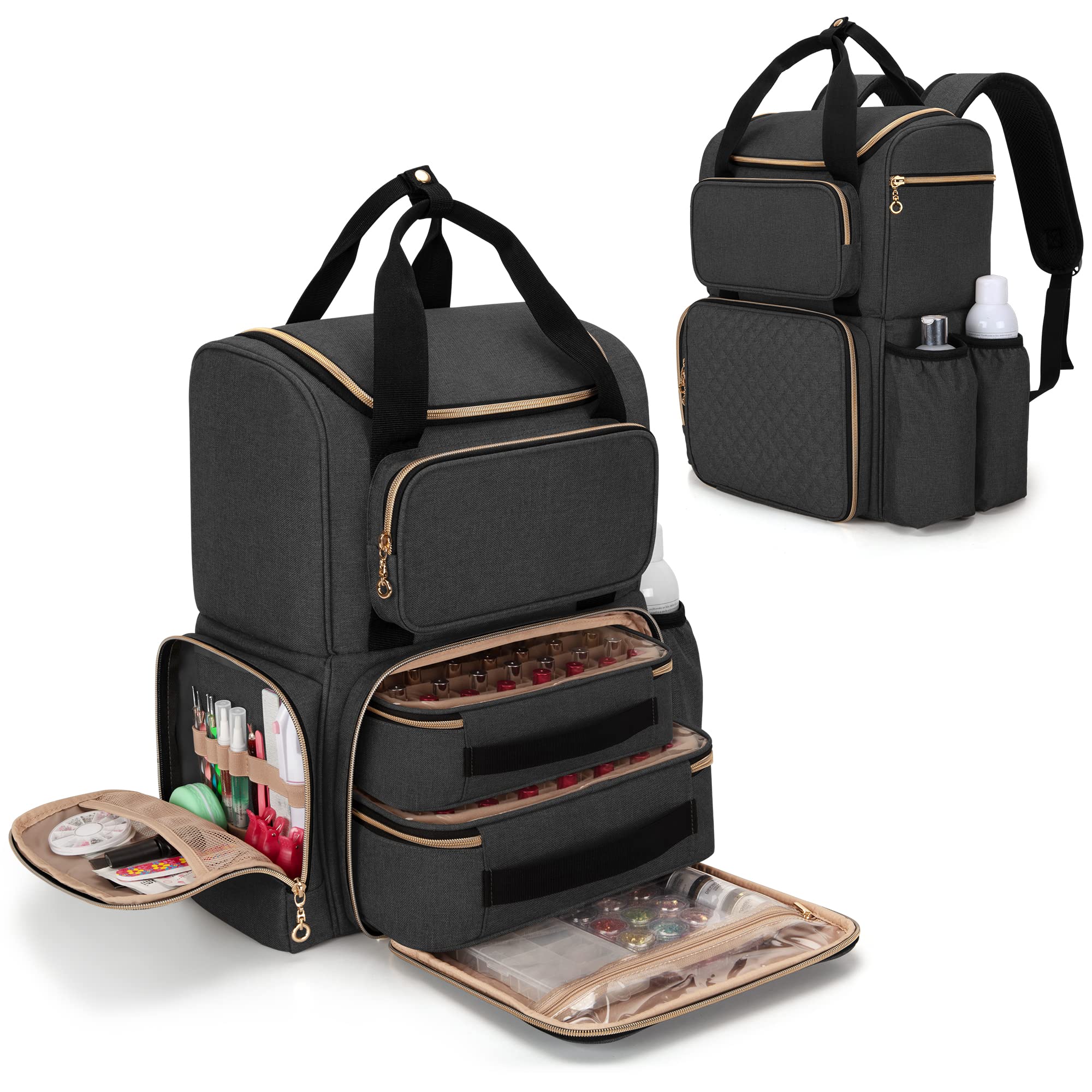 Luxja Nail Polish Organizer backpack main compartment keeps bottles secure on travel.