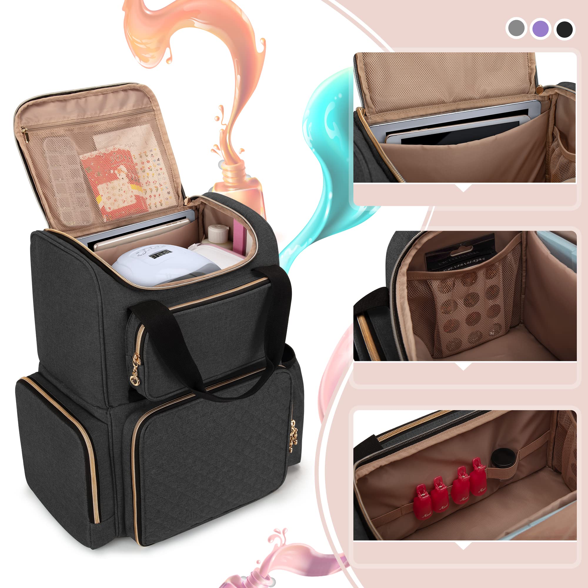Luxja Nail Polish Organizer side pockets secure brushes and dotting tools on the go.