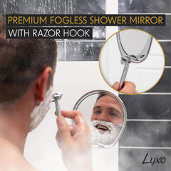 Luxo suction-cup on chrome mirror demonstrates secure, tool-free mounting
