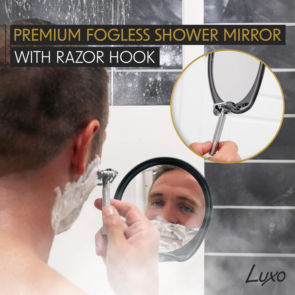 Luxo shower mirror suction-cup demonstrates easy, tool-free mounting on smooth surfaces