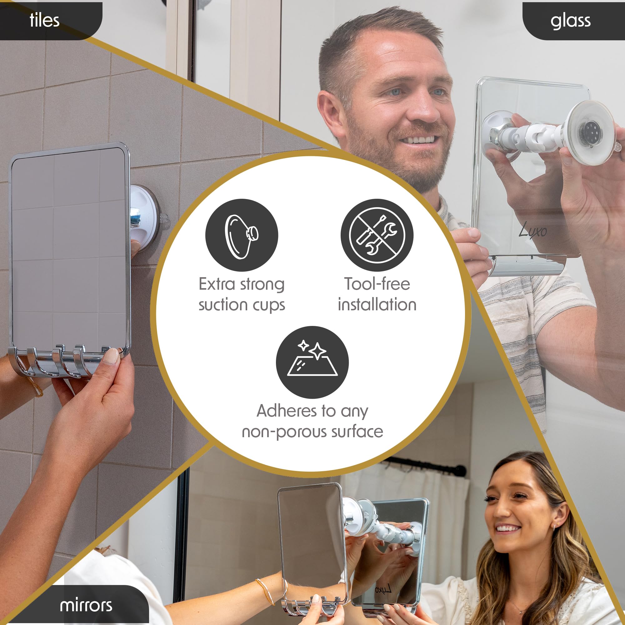 Luxo suction cup mounts securely on smooth surfaces for stable daily use